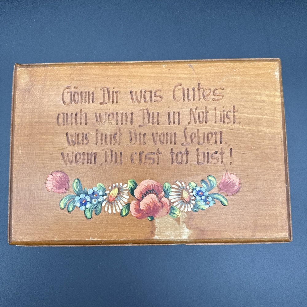 Vtg German Wooden Wall Plaque Hand Painted Flowers Folk Art Motto Gönn Dir